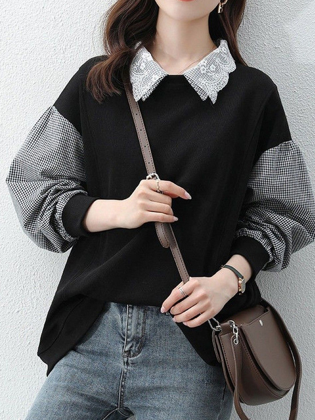 StyleCast Women Checkered Shirt Collar Puff Sleeves Pullover