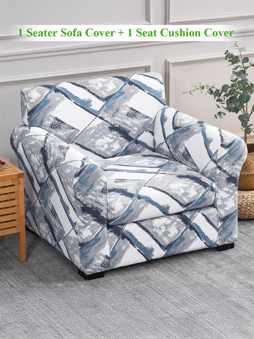 HOKIPO Graphite Glacier Grid Grey & Blue Printed Sofa Cover With Arms