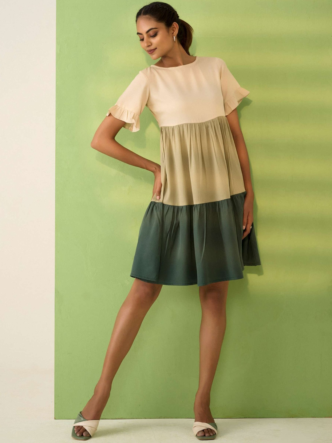 Roadster Round Neck Solid Mini Beige Olive Green Dress