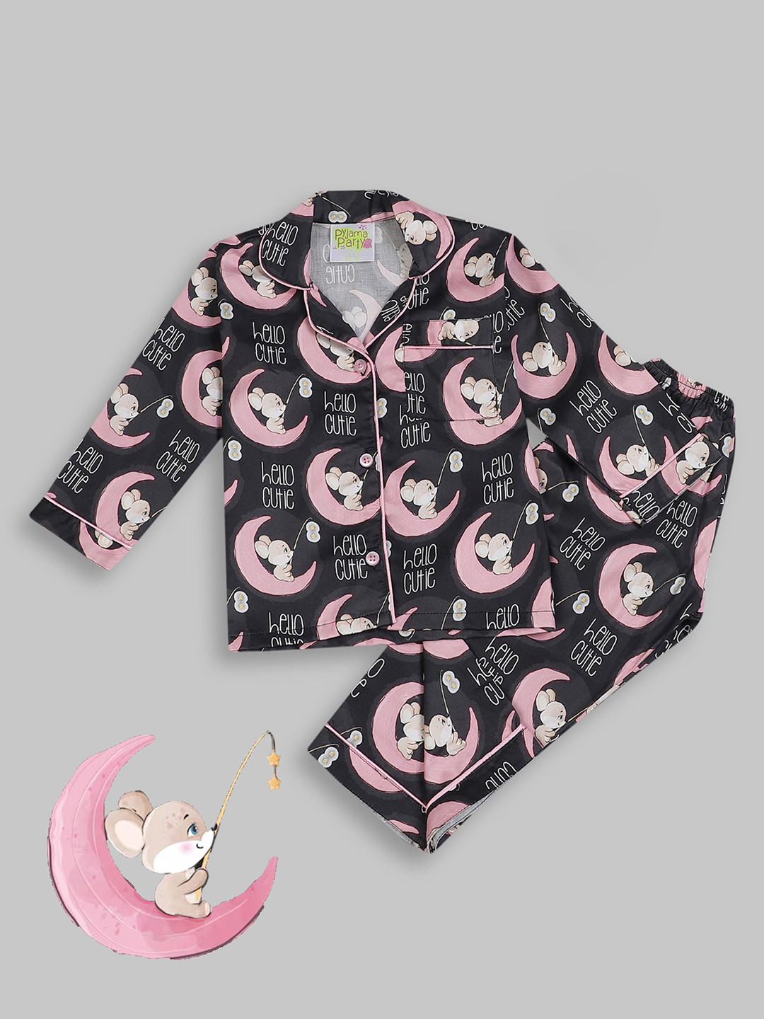 Pyjama Party Kids Printed Notched Collar Button Down Pure Cotton Shirt & Pyjamas Nightsuit