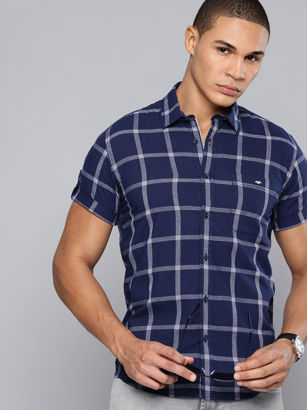 Mufti Pure Cotton Tartan Checks Roll-Up Sleeves Slim Fit Casual Shirt