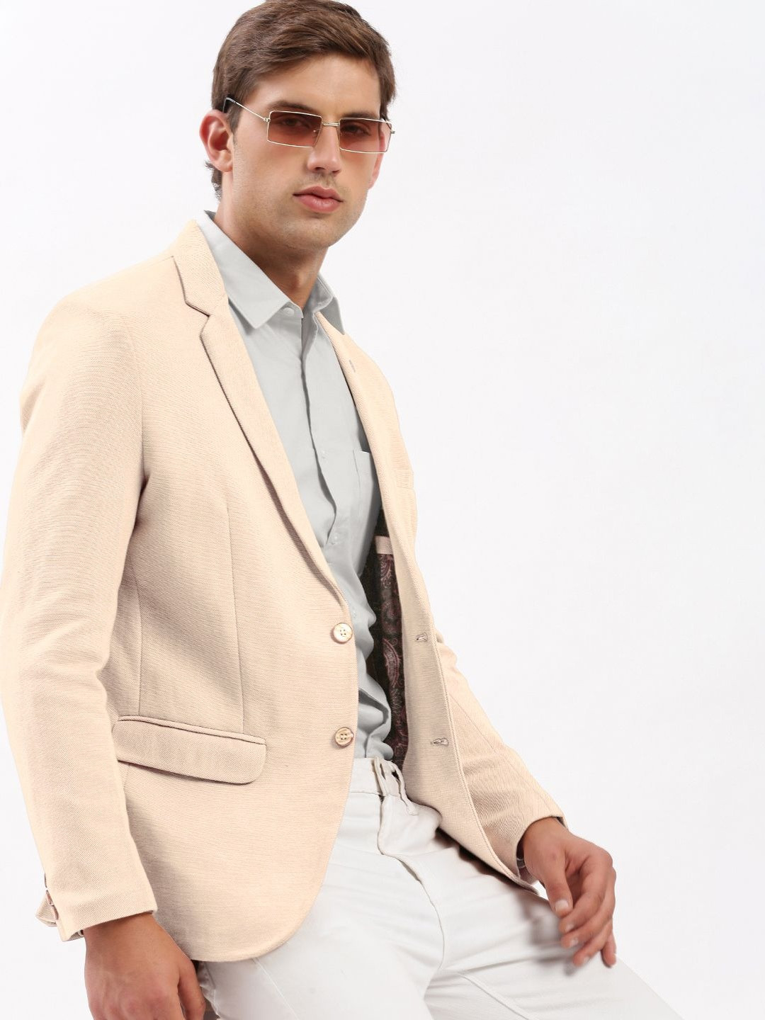 SHOWOFF Men Cream Single Breasted Slim Fit Blazer With Notched Lapel