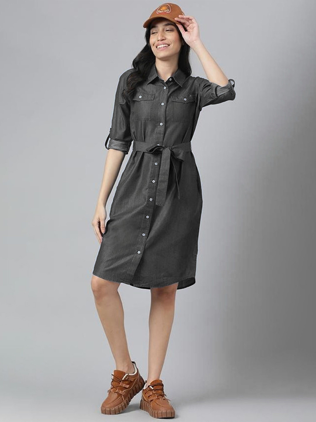 Tripursundari Fashion Roll-Up Sleeves Belted Denim Shirt Dress
