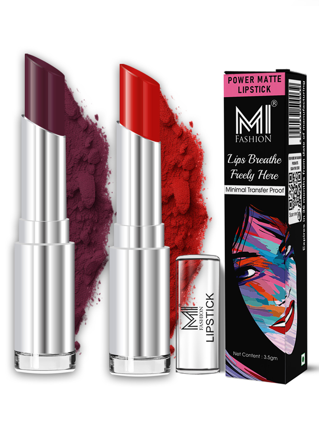 MI FASHION Set Of 2 Power Matte Smudge Pigment Lipstick 3.5 g Each Red Wine Maroon Glaze