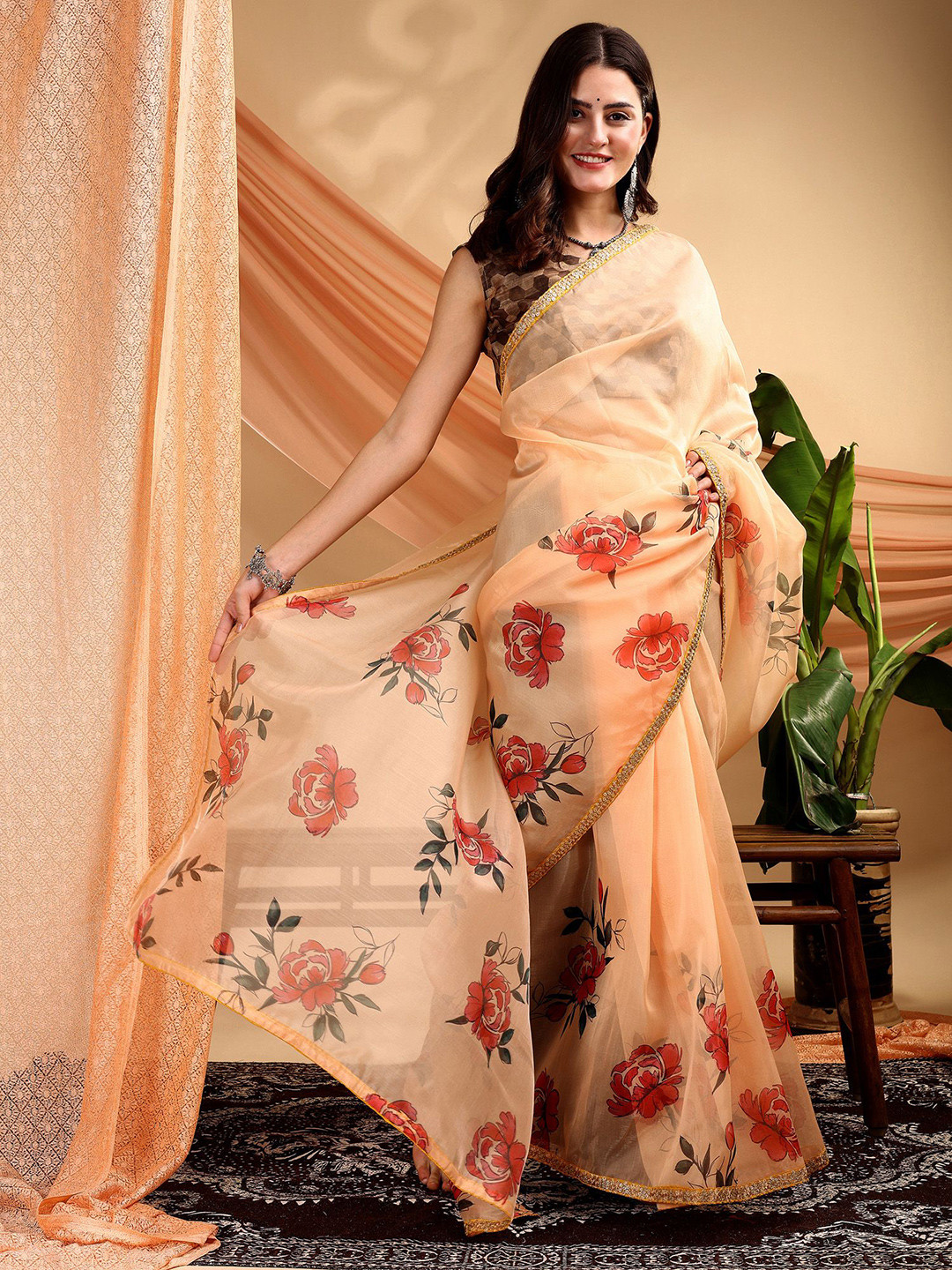 Sangria Women Organza Cream Abstract Printed Sequinned Indie Florals Saree
