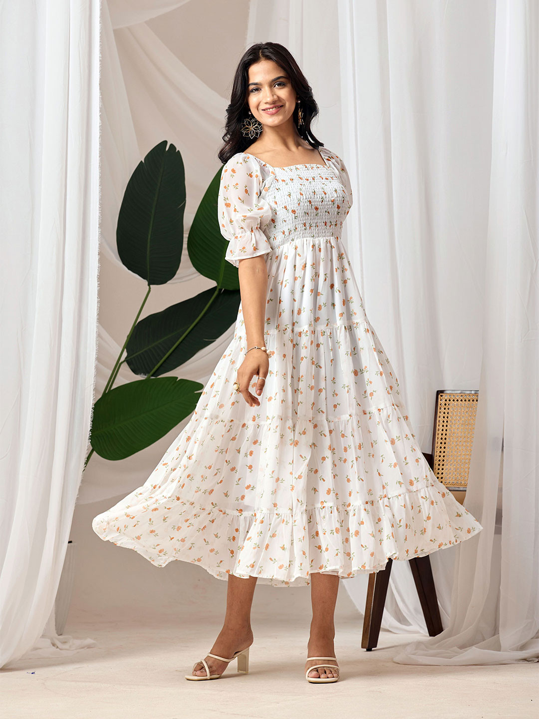 Dream Tree Women Floral Printed Cuffed Sleeves Smocked Fit and Flare Midi Dress