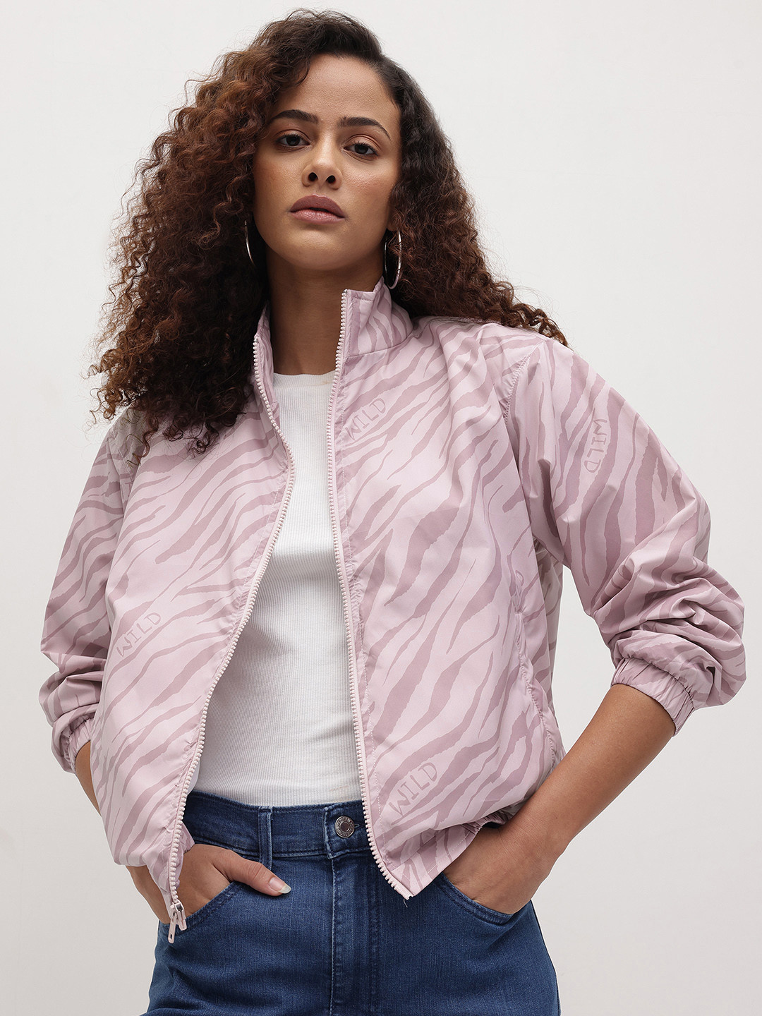 The Roadster Life Co. Zebra Print Mock Collar Bomber Jacket