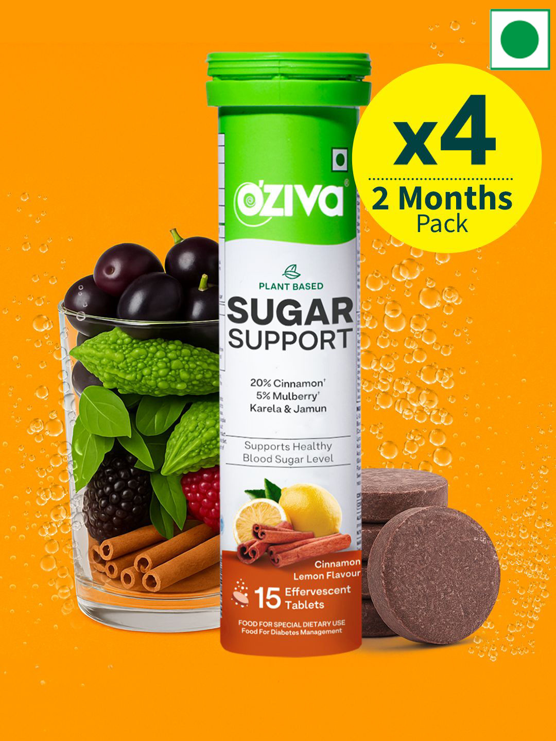 OZiva Set Of 4 Plant Based Sugar Support Tablets- 15 Tablets- Lemon Flavor