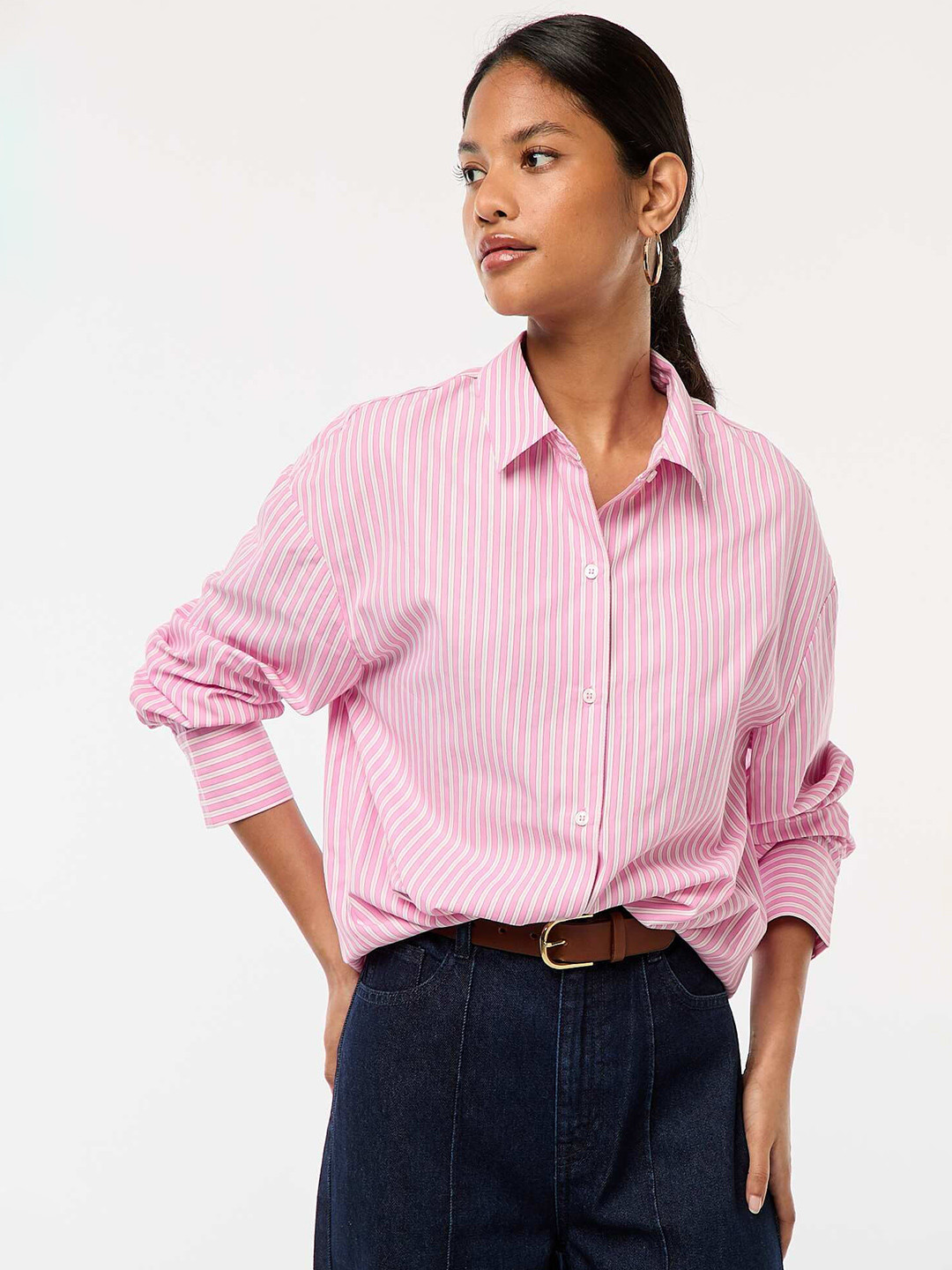 KIABI Comfort Fit Striped Spread Collar Roll-Up Sleeves Formal Shirt