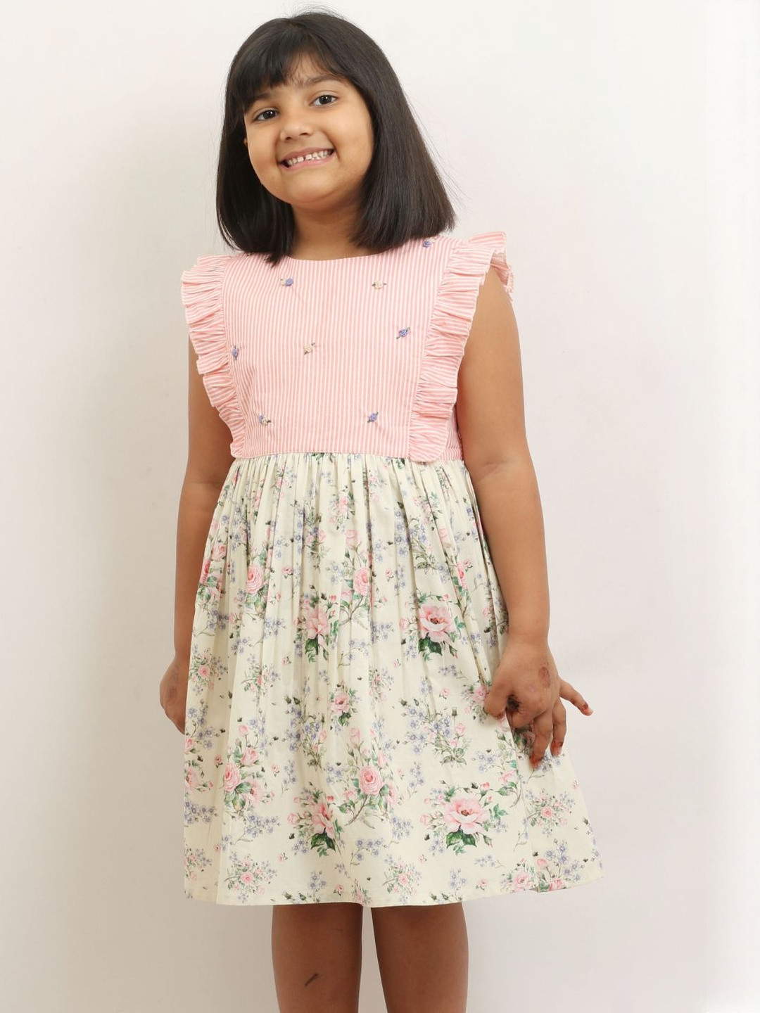 Sangria Girls Pink Cotton Stripe & Floral Print Dress