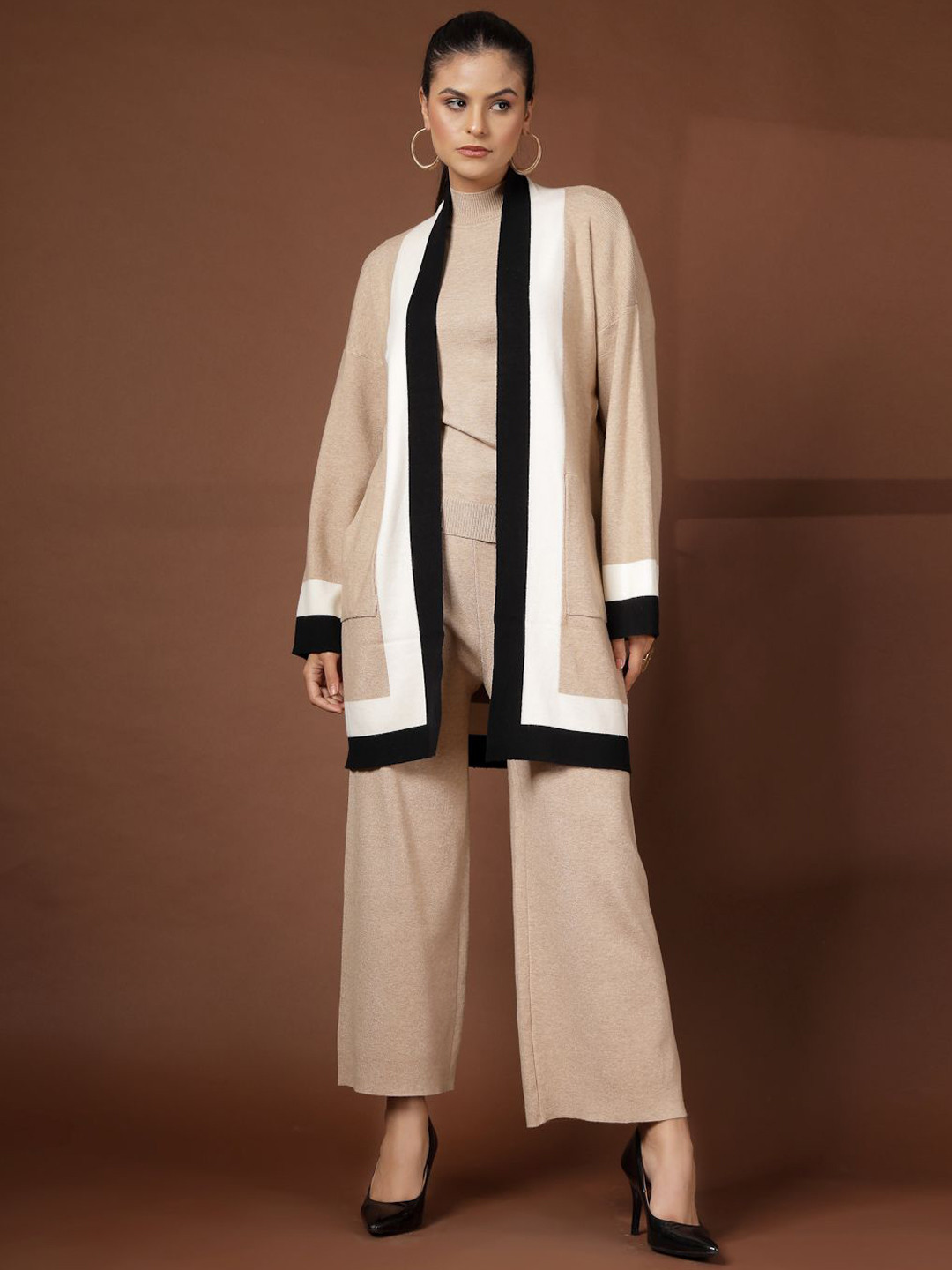 Mafadeny Women 3-Piece Mock Neck Co-ord Set with Colorblock Cardigan