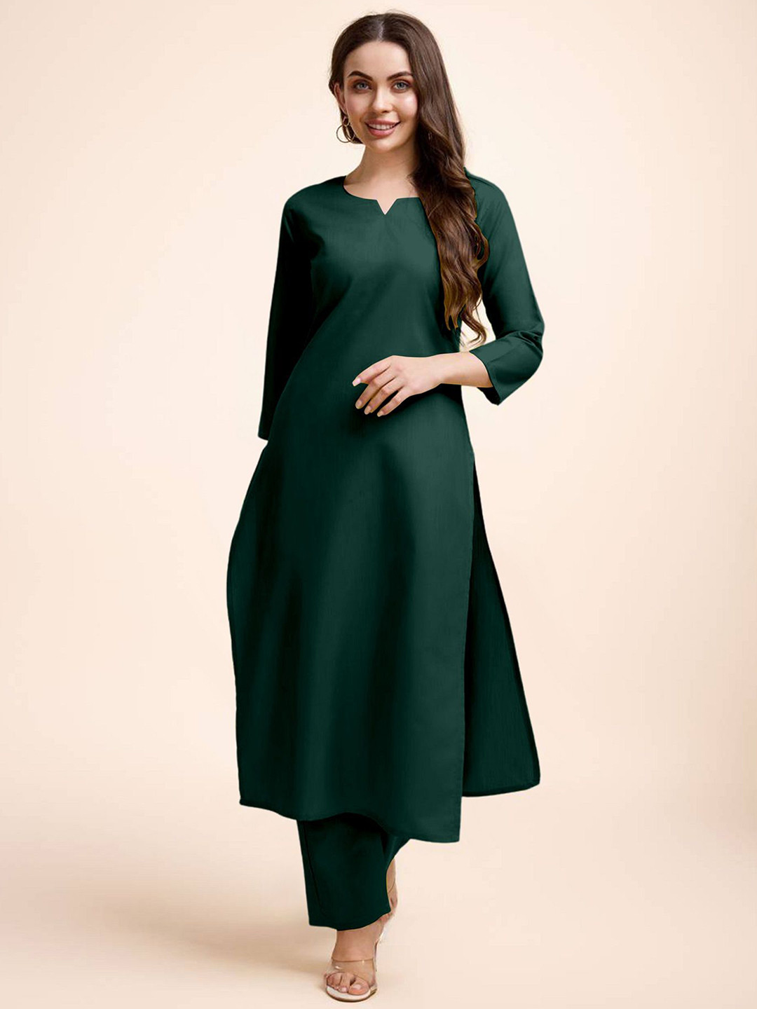 JDS LIFESTYLE Women Solid V-Neck Regular Straight Kurta with Trousers