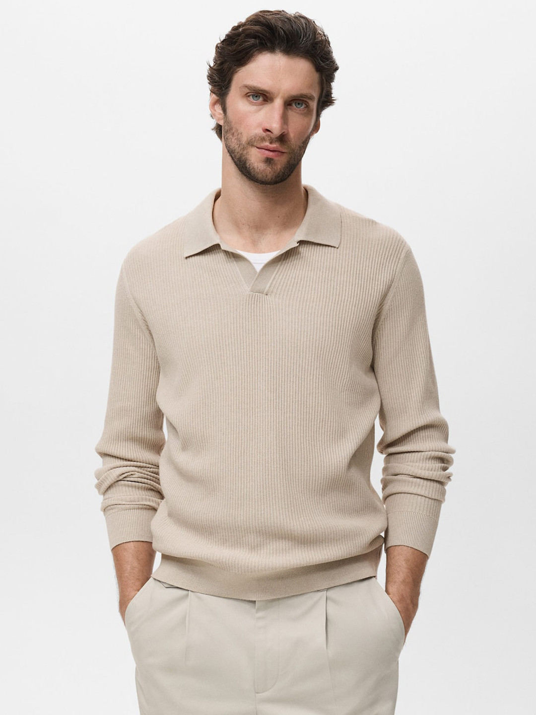 MANGO MAN Ribbed Shirt Collar Regular Fit Pullover