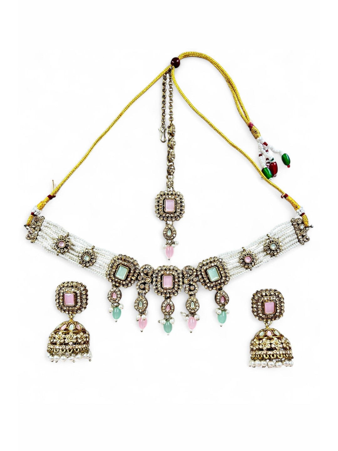 ANTIQUE JEWELLERY Copper Plated Kundan Pearl Beaded & Stone Studded Choker with Jhumka Earrings & Maang Tikka