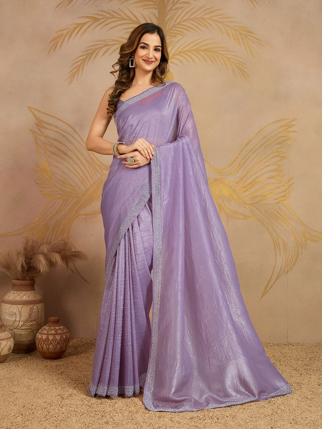 Trendmalls Beads and Stones Embellished Saree with Unstitched Blouse Piece