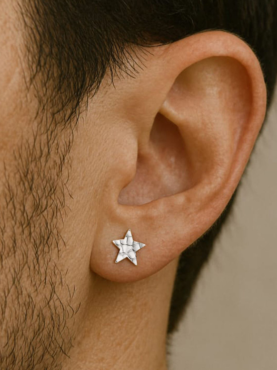 Goldnera Men 925 Sterling Silver Textured Pattern Star Shaped Stud