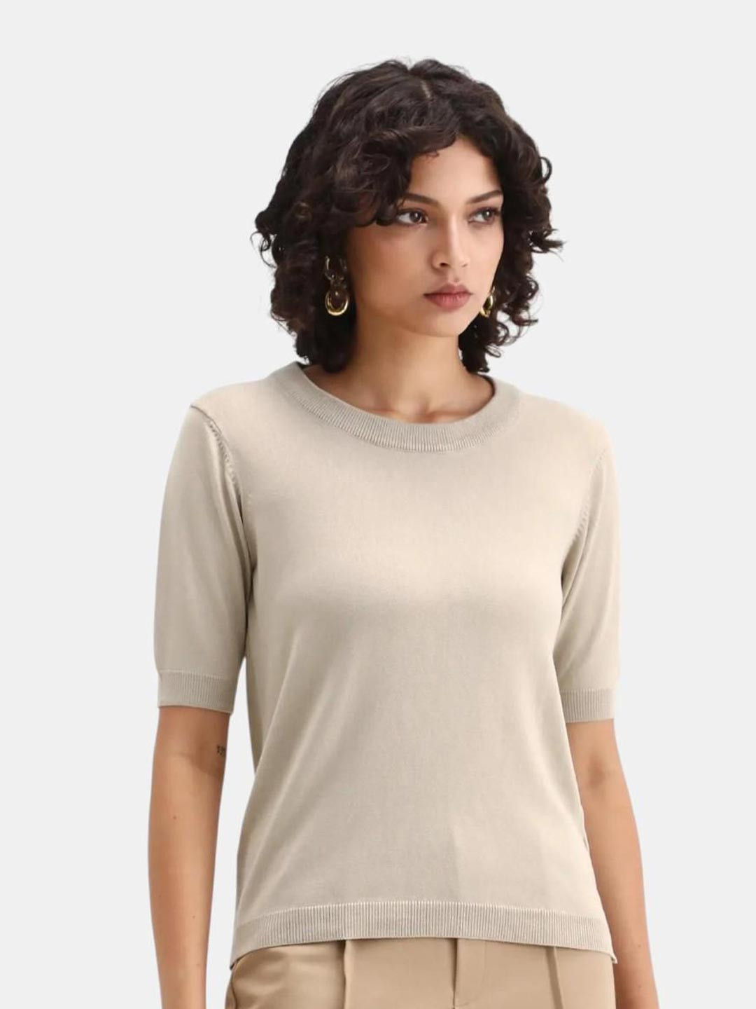 RAREISM Women Rohrdo Light Beige Viscose Blend Fabric Crew Neck Regular Fit Plain Top