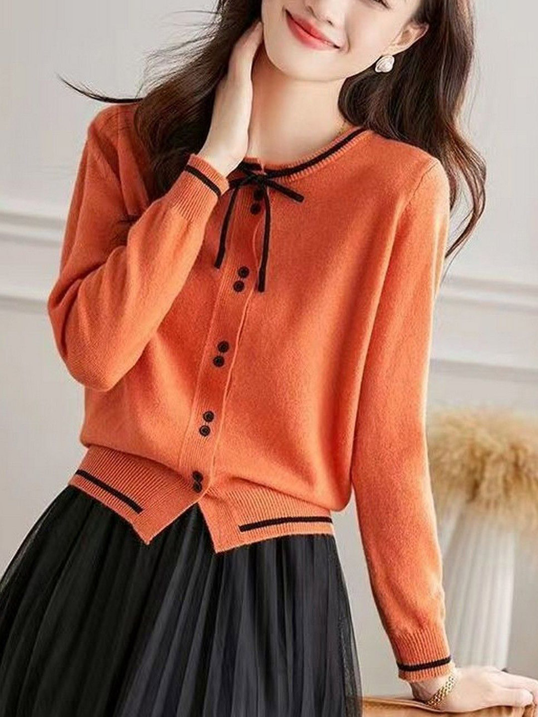 StyleCast Women Round Neck Bow Detail Cotton Cardigan Sweater