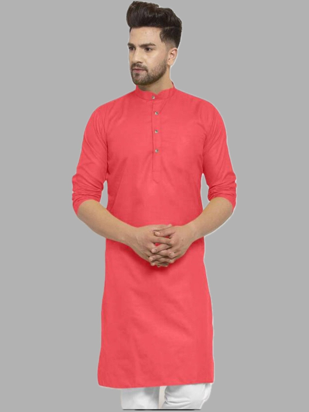 ANUJ FASHION Men Red Mandarin Collar Straight Cotton Kurta