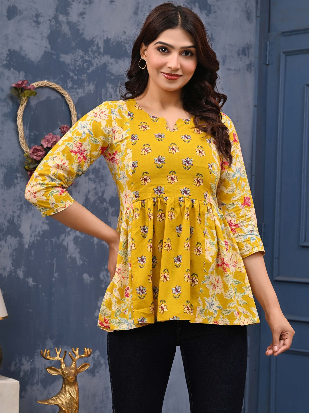 LABEL ADRIJA  Women Yellow Double Printed Anarkali cotton Short Kurti