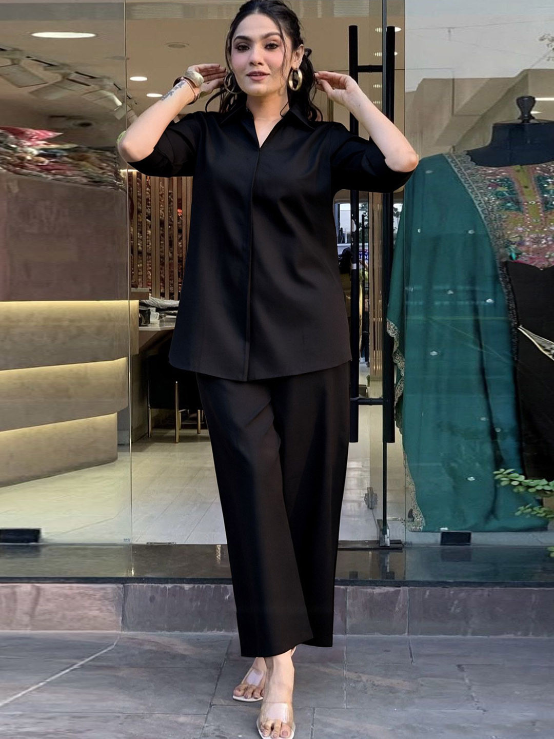 ALLEN WEAVE Women Shirt Collar Top With Trousers Co-Ord