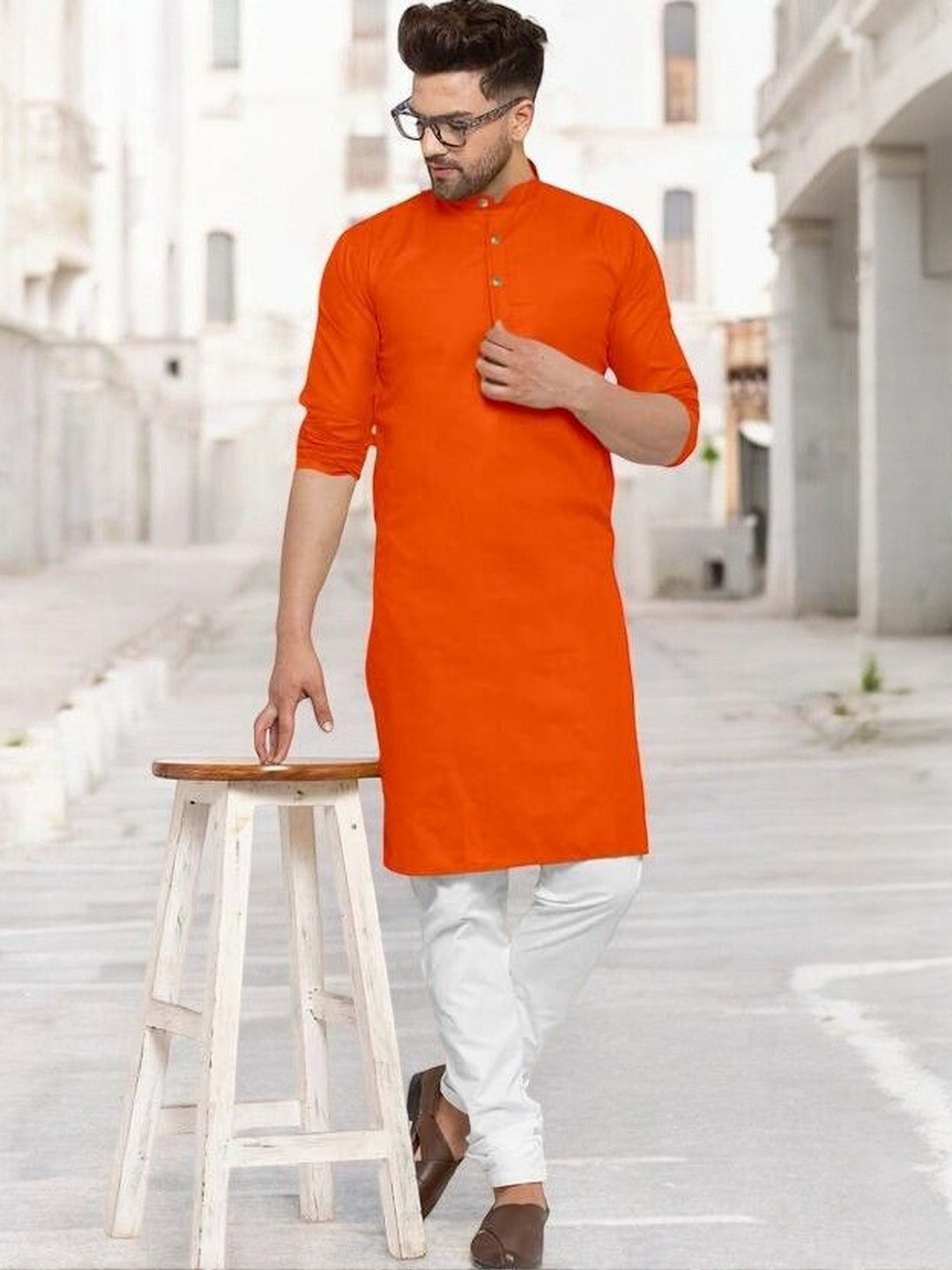 ANUJ FASHION Men Orange Mandarin Collar Cotton Kurta