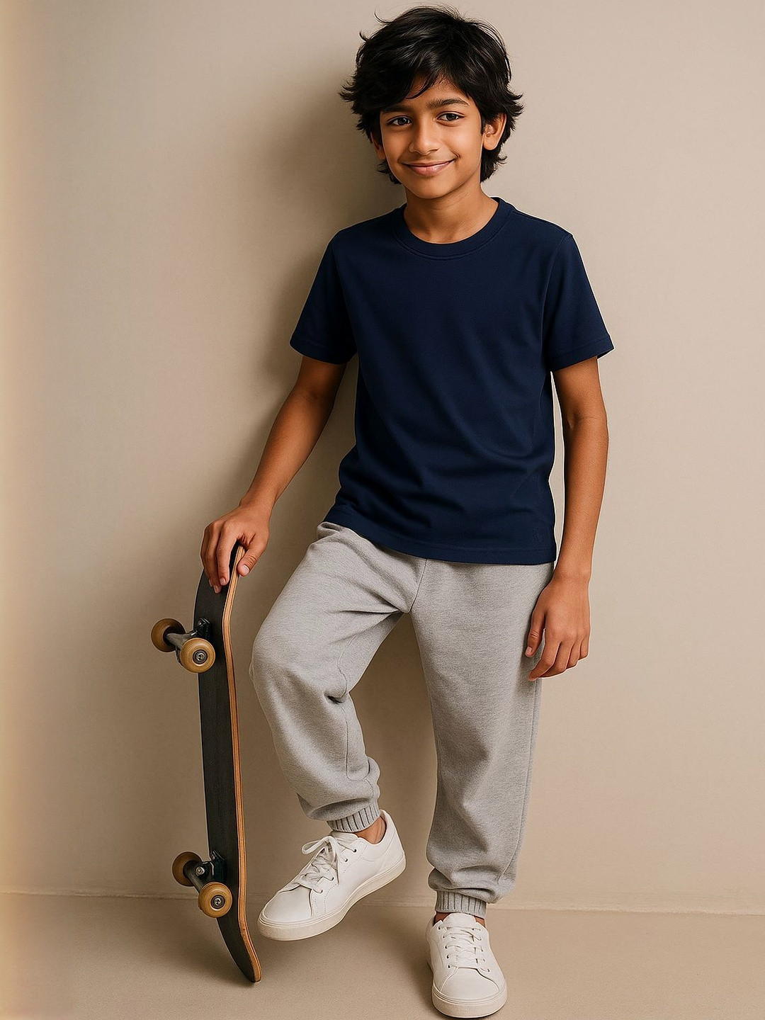 TALES & STORIES Boys Navy Blue Solid Round Neck Cotton T-shirt