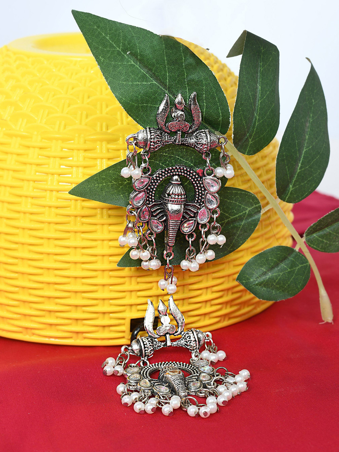 JOHARKAMAL German Silver Pated Kundan Studded & Beaded Lord Ganesha Temple Drop Earrings