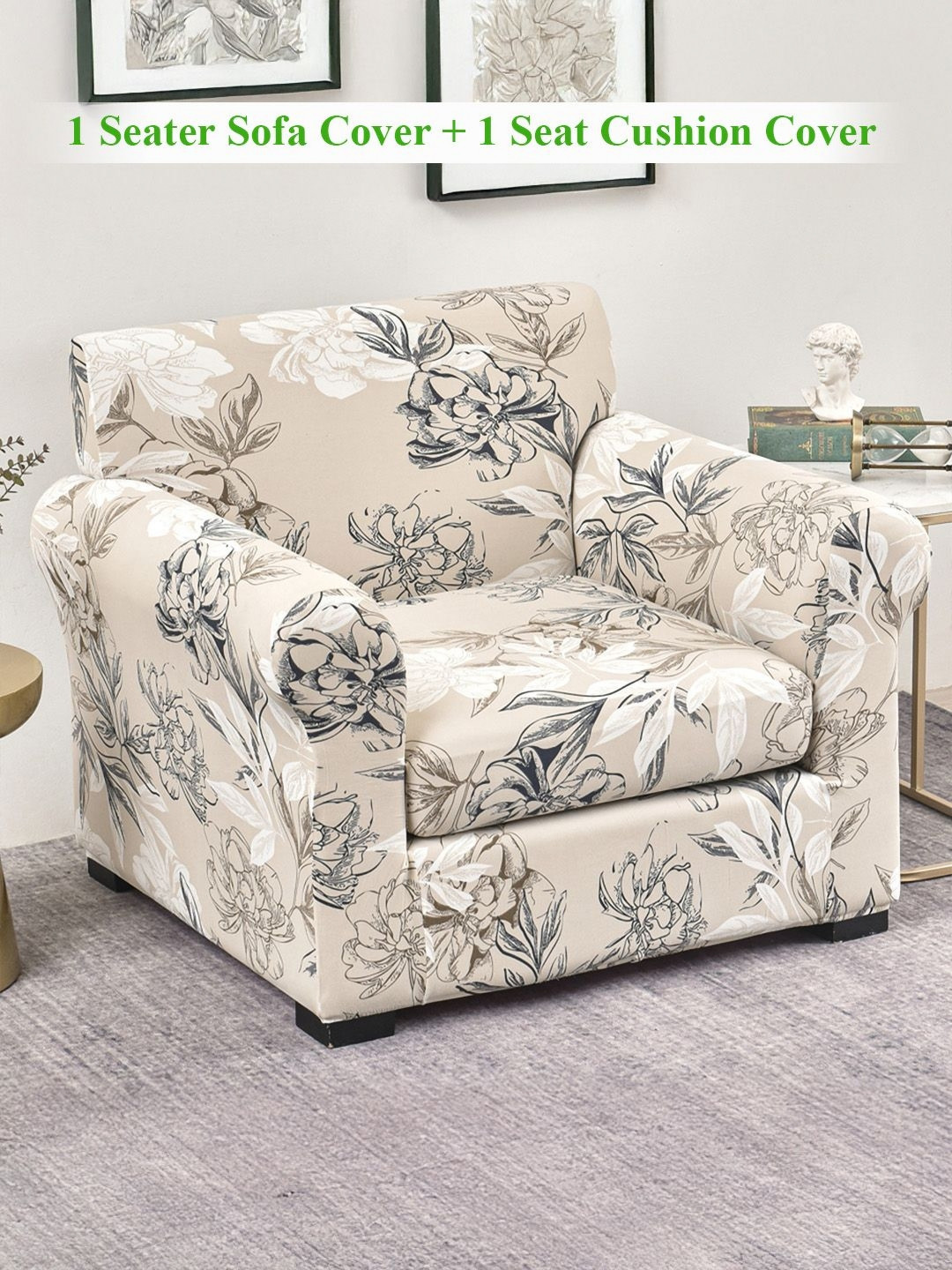 HOKIPO Beige & Black Printed 1 Seater Sofa Cover With Arms