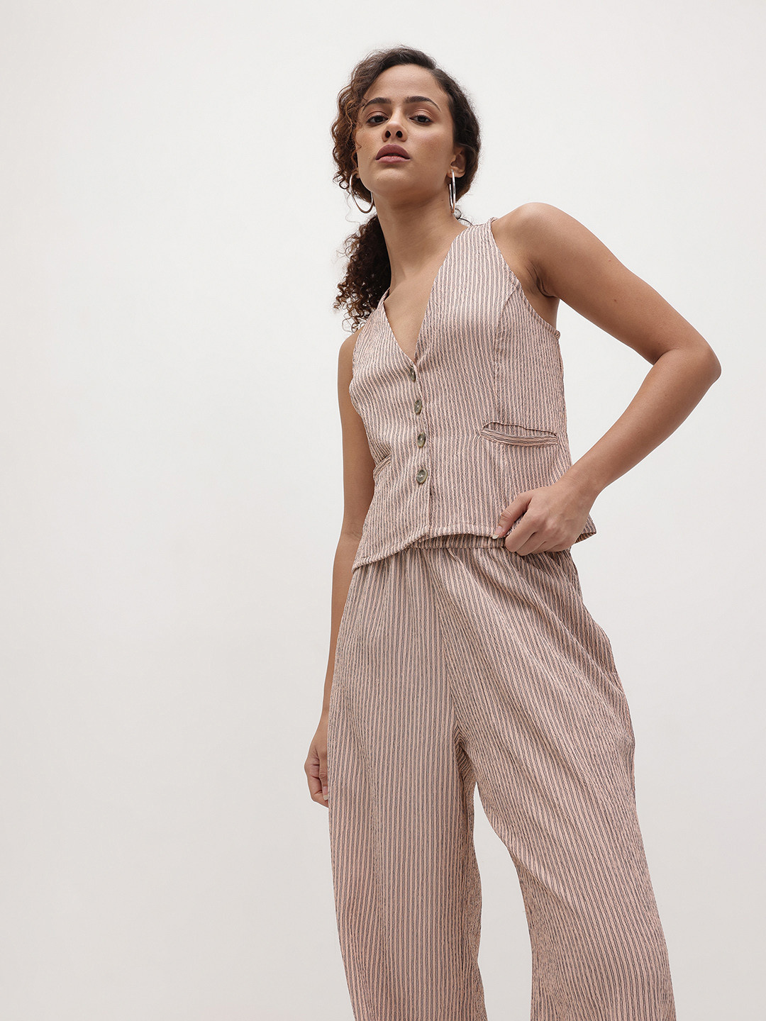 The Roadster Life Co. Vertical Stripes Seersucker V-Neck Waistcoat with Wide Leg Trousers