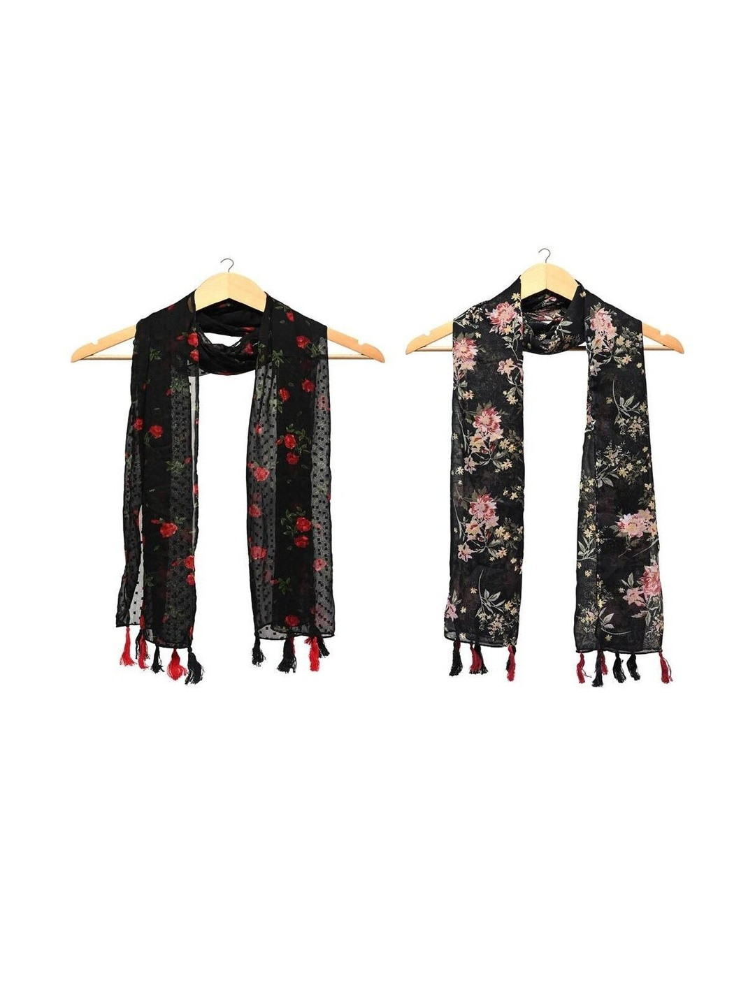 StoleVilla Pack Of 2 Floral Printed Tasseled Border Stoles