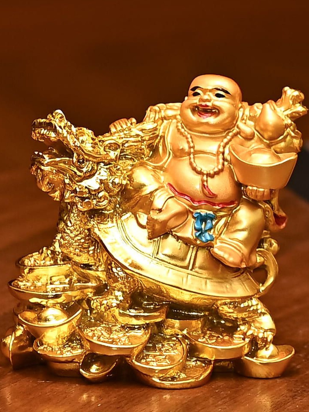 HINDCRAFT Gold-Toned Golden Laughing Buddha With Dragon Showpiece