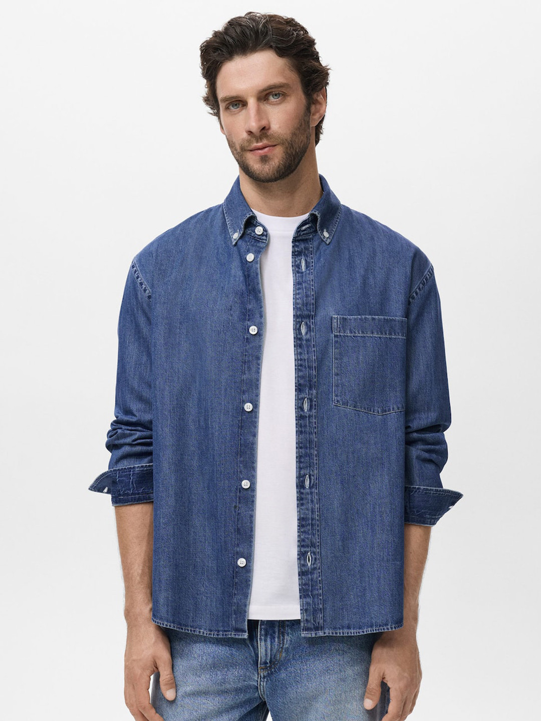 MANGO MAN Button-Down Collar Pure Cotton Denim Relaxed Fit Shirt