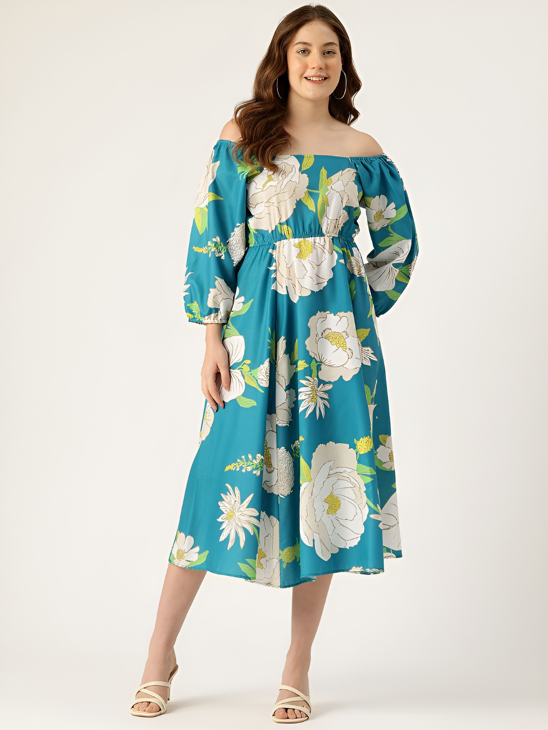 Sleek Italia Women Floral Printed Off-Shoulder Cotton Fit and Flare Midi Dress