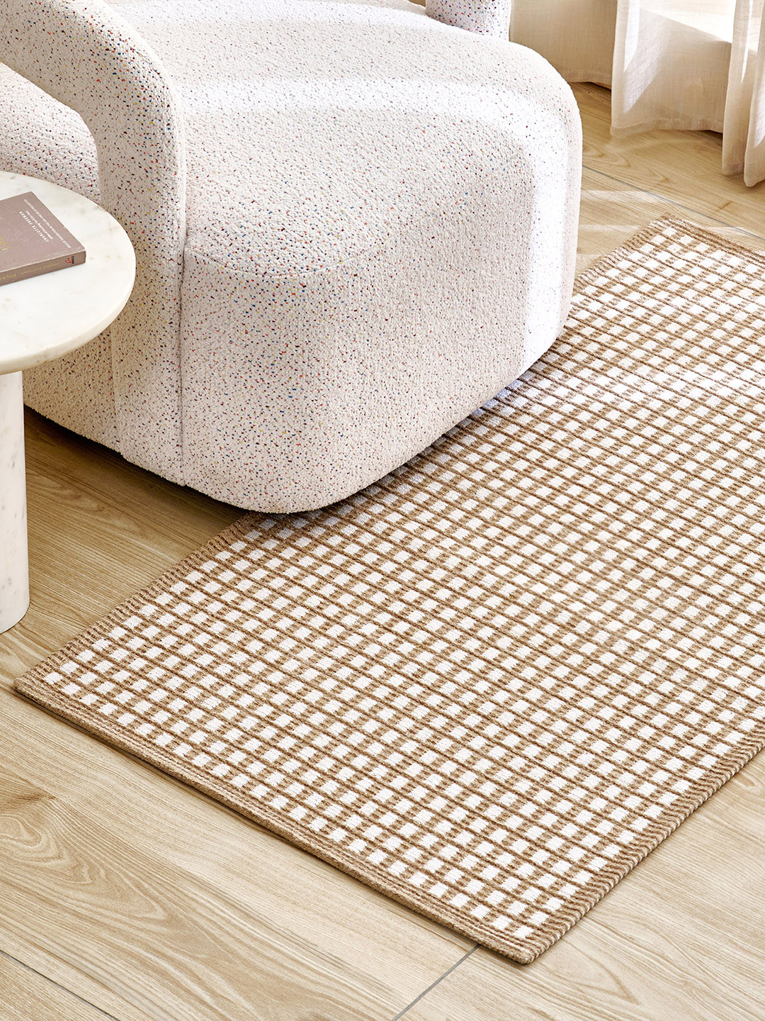 Home Centre Nicolas Billows Beige & White Geometric Printed Woven Rectangular Dhurrie