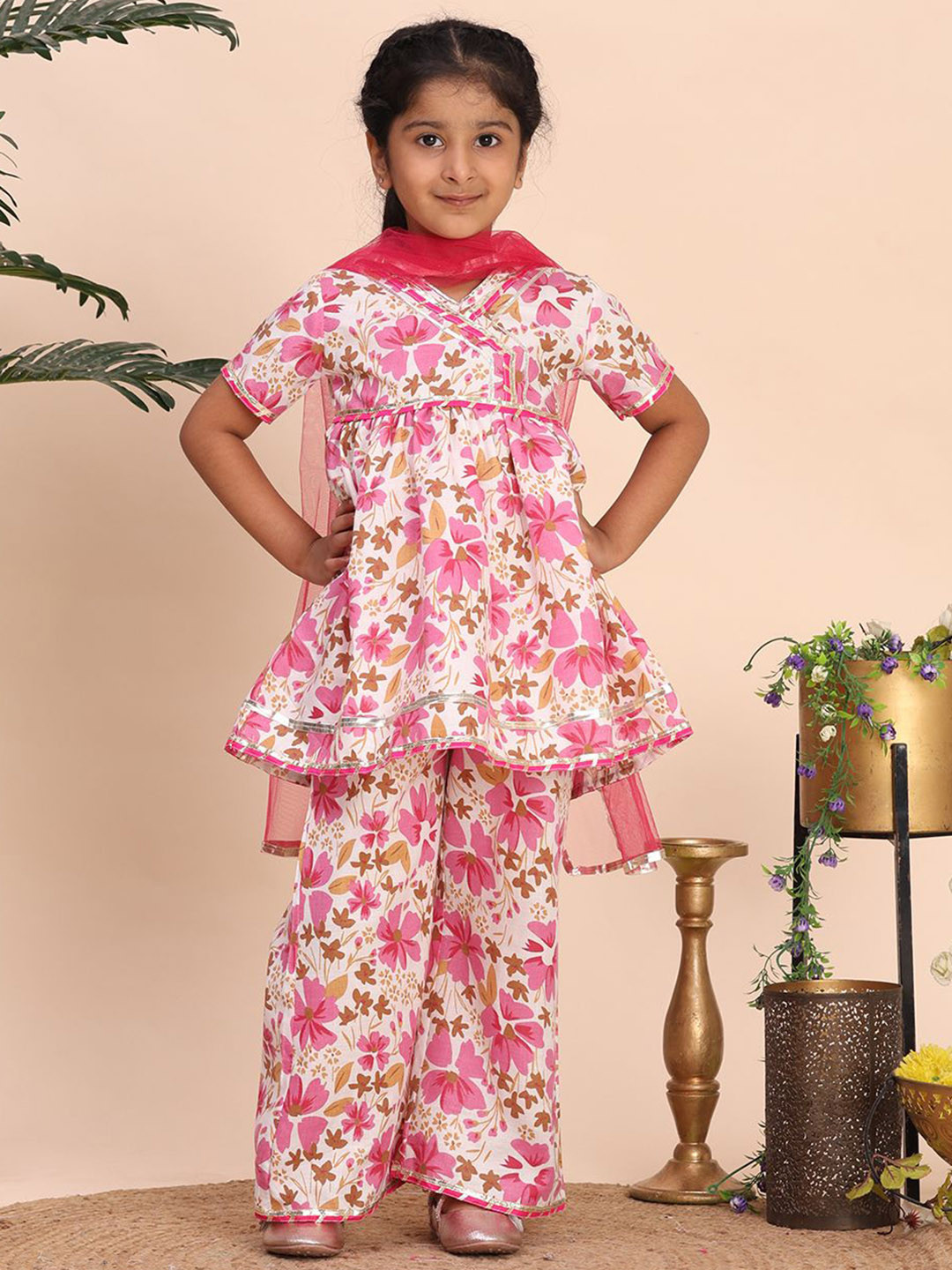 Cutiekins Girls Floral Printed Regular Gotta Patti Kurta with Palazzos & Dupatta