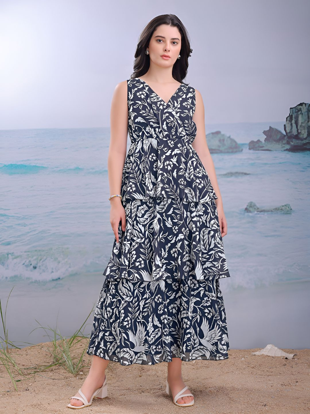 PURVAJA Flow & Flair Women Floral Printed Layered Georgette Fit & Flare Maxi Dress