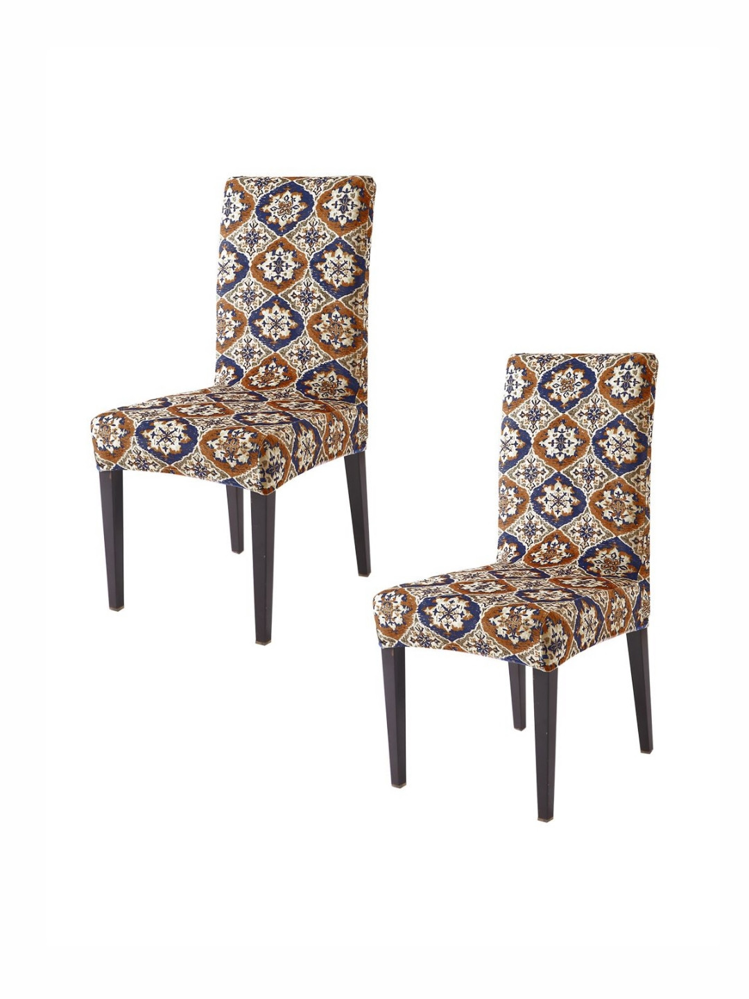 HOKIPO Navy-Blue & Brown 2 Pieces Printed Velvet Chair Covers