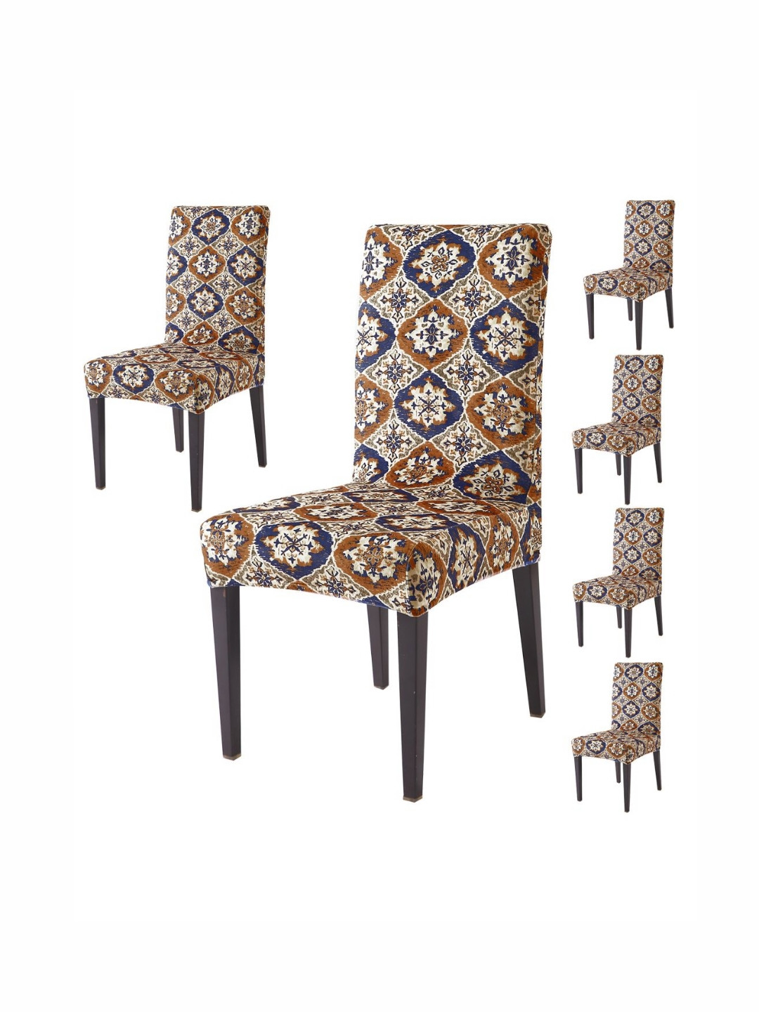HOKIPO Navy Blue & Brown 6 Pieces Printed Velvet Chair Covers