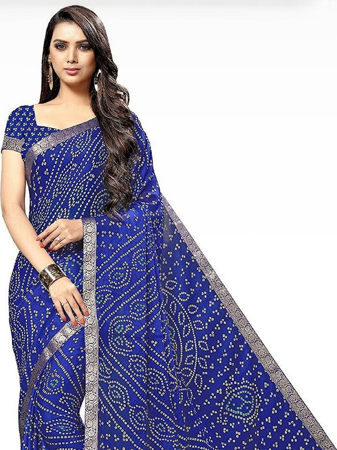 The Fashion Attire Printed Bandhani Chiffon Saree (Blue)