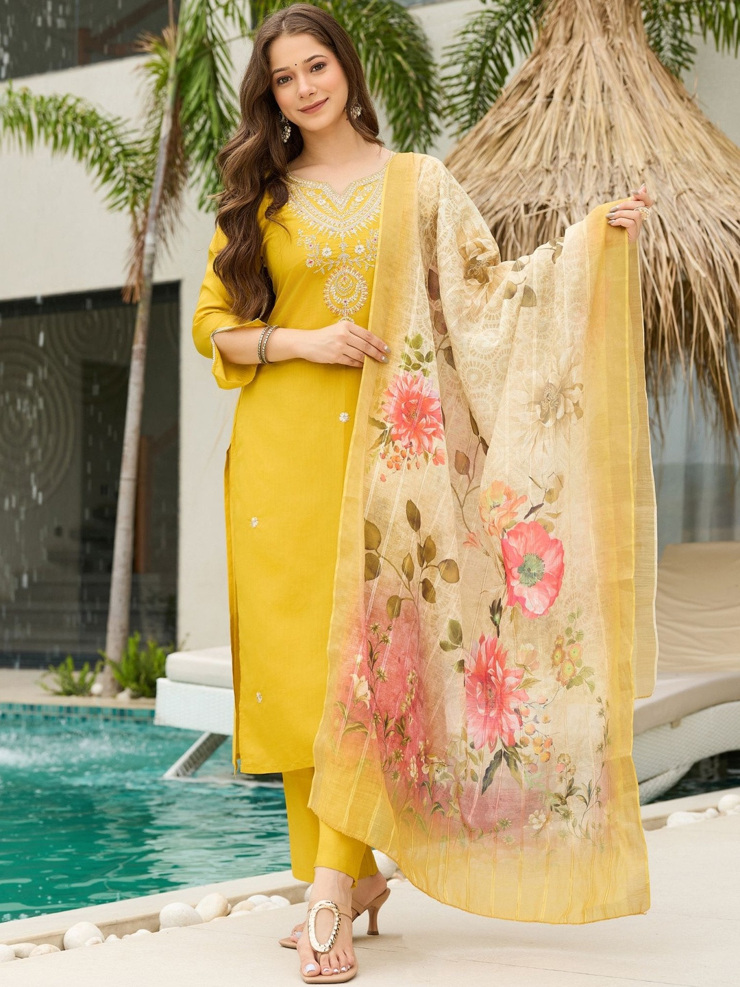 KALINI Mustard Viscose Embroidered Kurta Set with Jacquard Dupatta