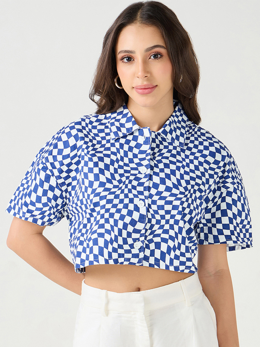 Bewakoof Women Checked Oversized Short Sleeves Crop Casual Shirt