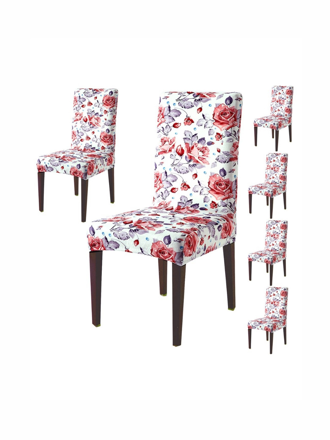 HOKIPO Set Of 6 Red & White Printed Velvet Chair Covers