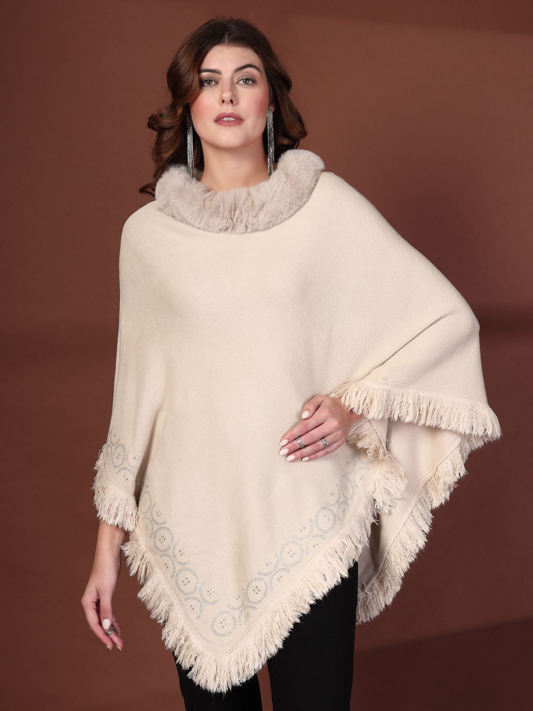 Mafadeny Stylish Fur Collar and Embellished Border Poncho