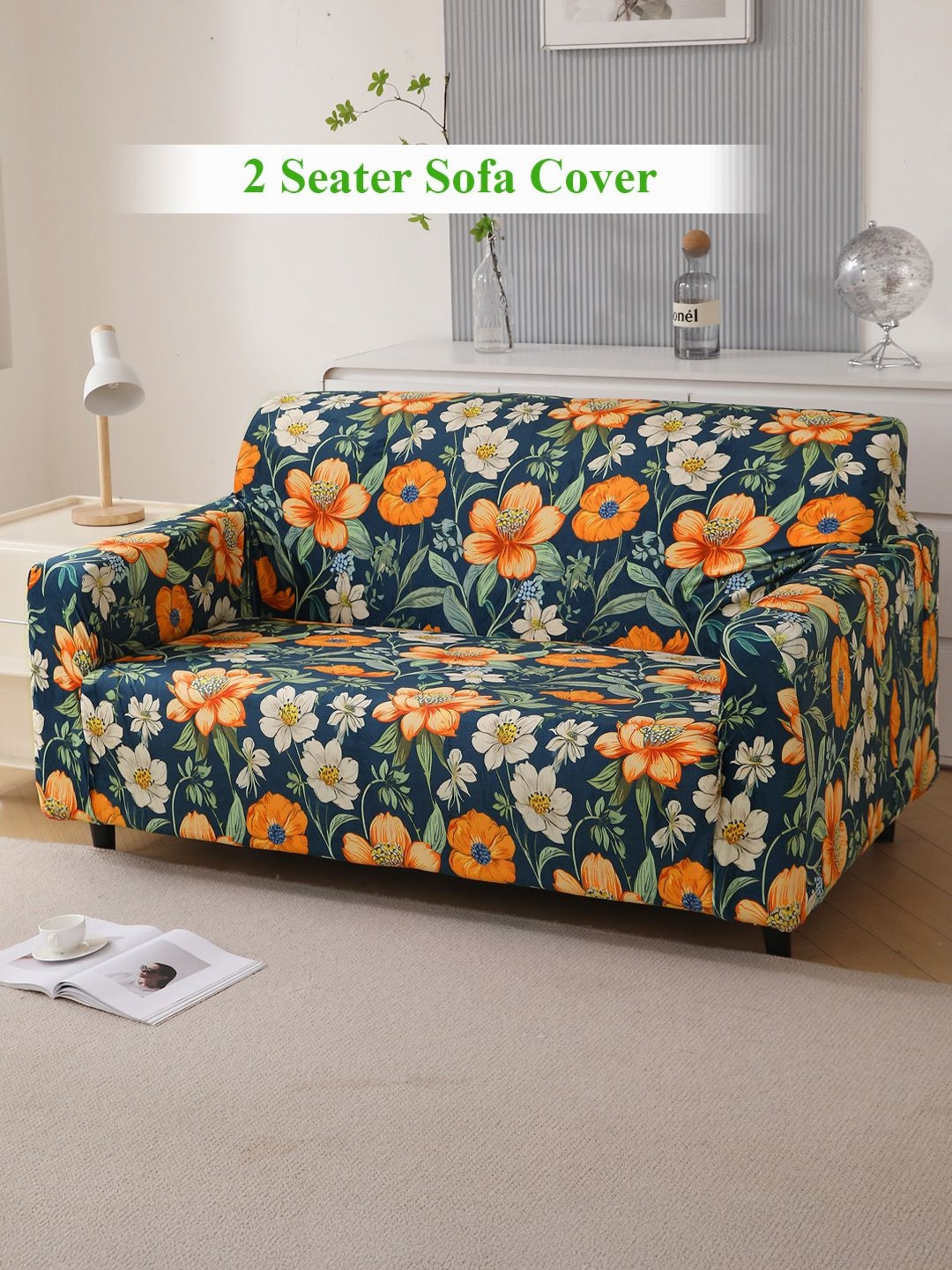 HOKIPO Teal & Red Floral Printed Velvet 2 Seater Sofa Cover With Arms