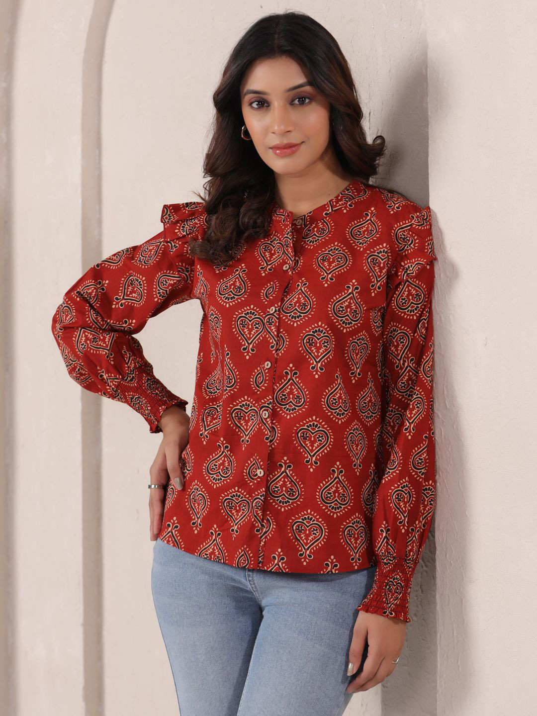 KALAMIR Ajarakh Buta Floral Printed Mandarin Collar Shirt Style Cotton Top