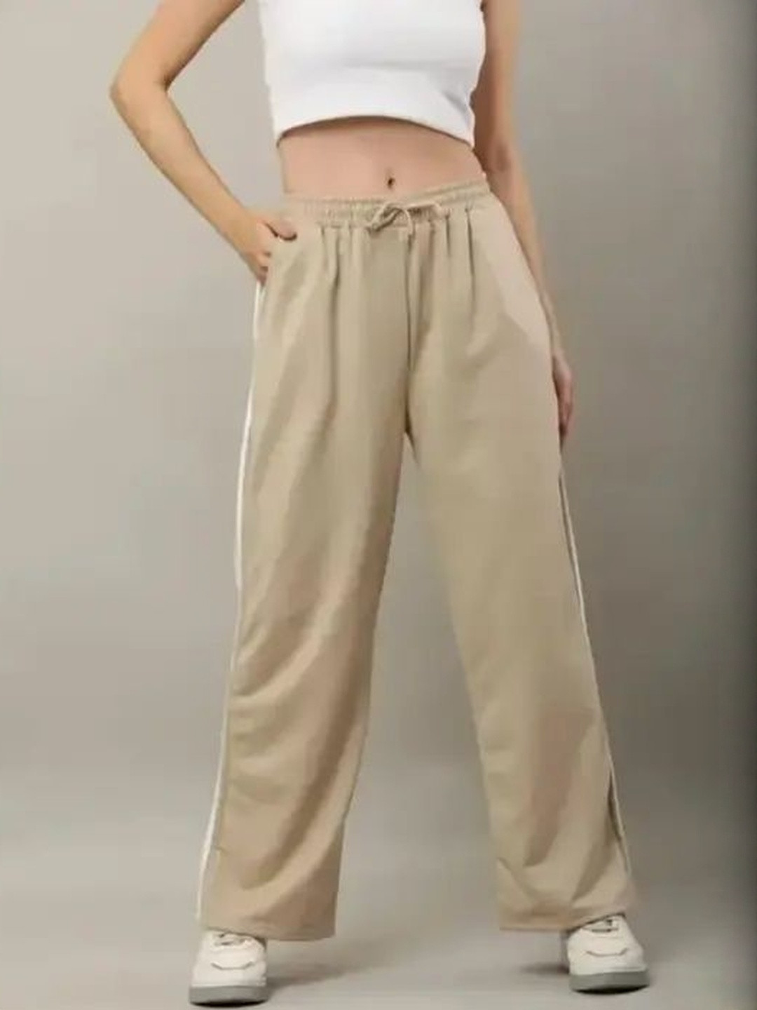 KIBA Women Beige Cotton Track Pant With Bold Stripe Lines