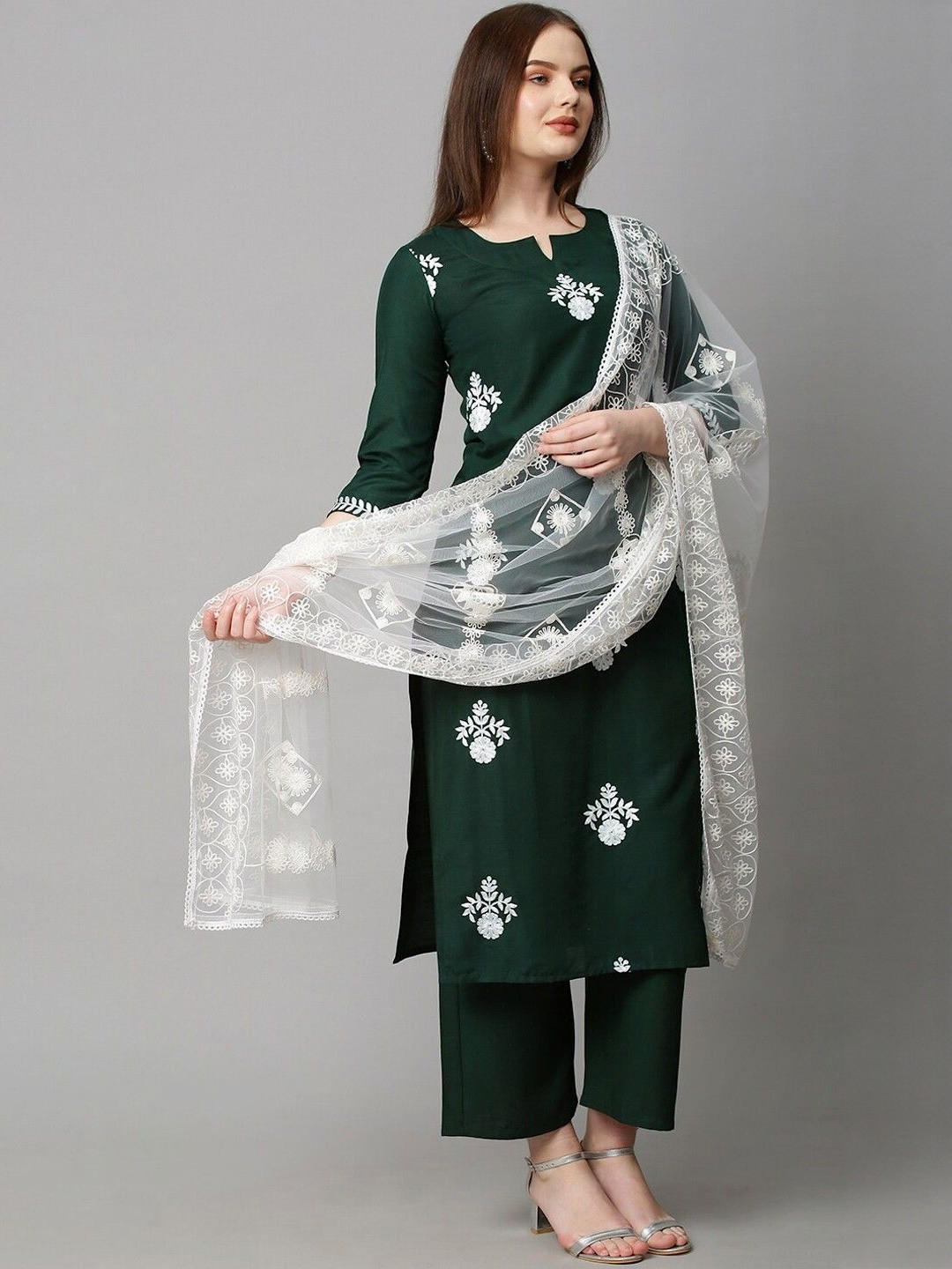 Aaghnya Women's Dark Green Rayon Embroidered Straight Kurta Set With Dupatta