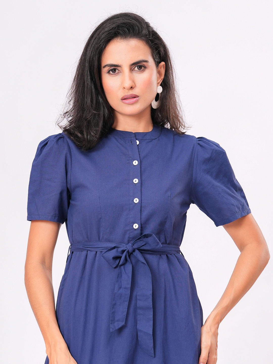 Garin Women Puff Sleeve A-Line Midi Dress with Button Front & Waist Tie