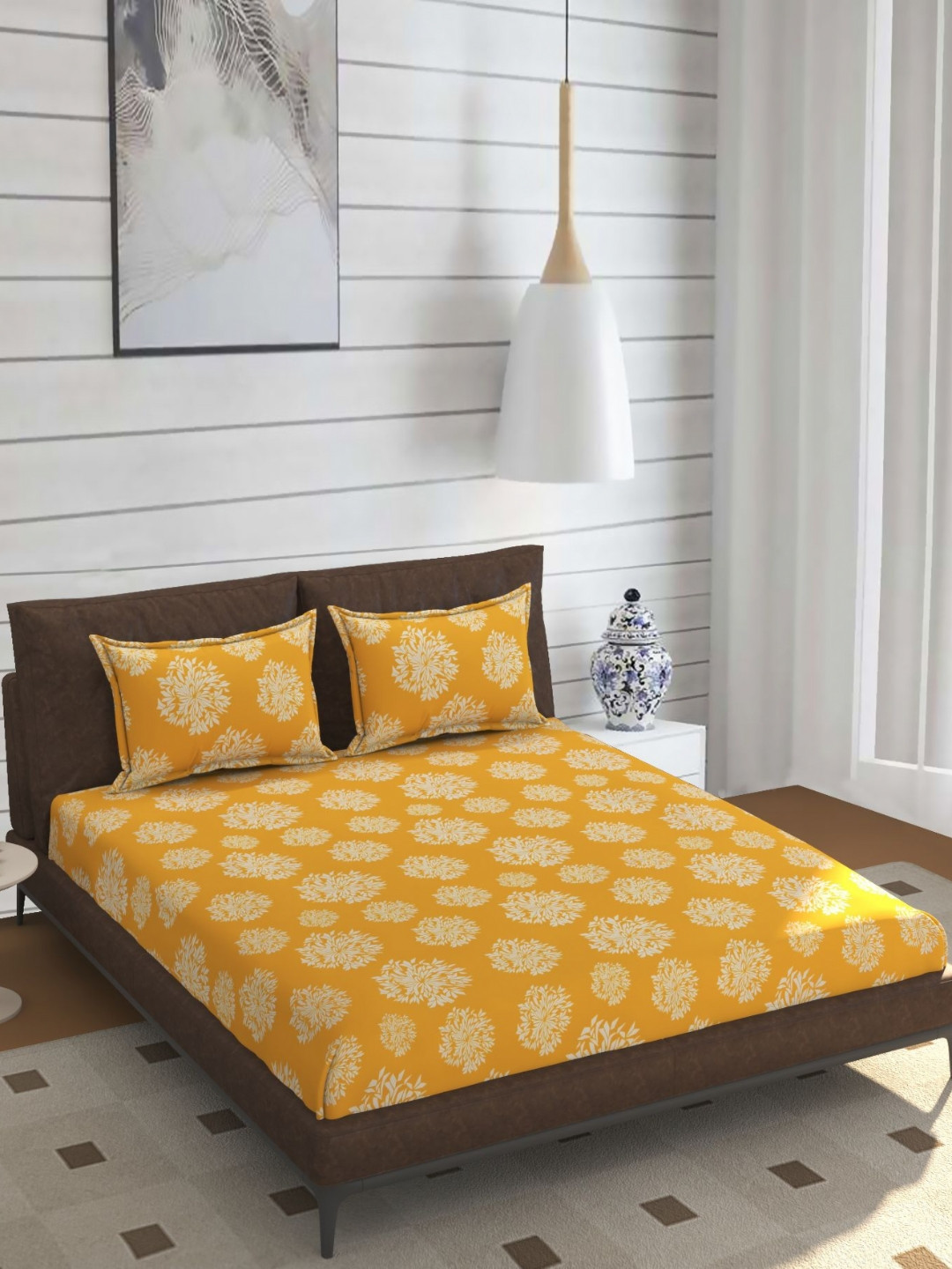ohello Mustard Yellow And White Floral Printed 210 TC King Bedsheet Set- 1.98m x 1.82m